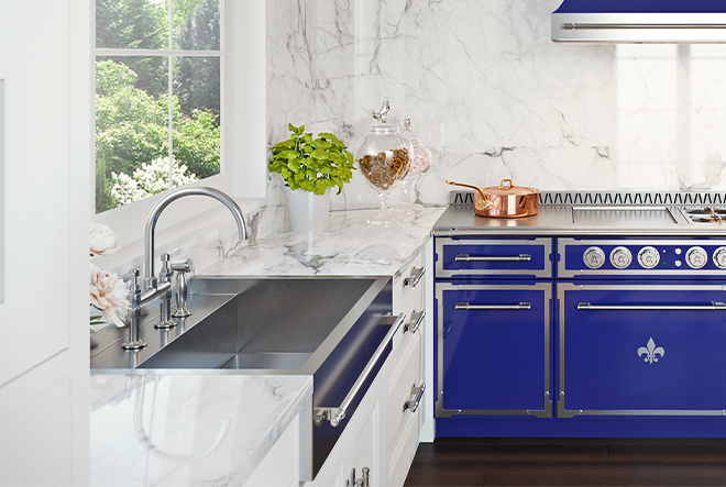 Apron Front Sinks with Ultramarine blue kitchen ranges