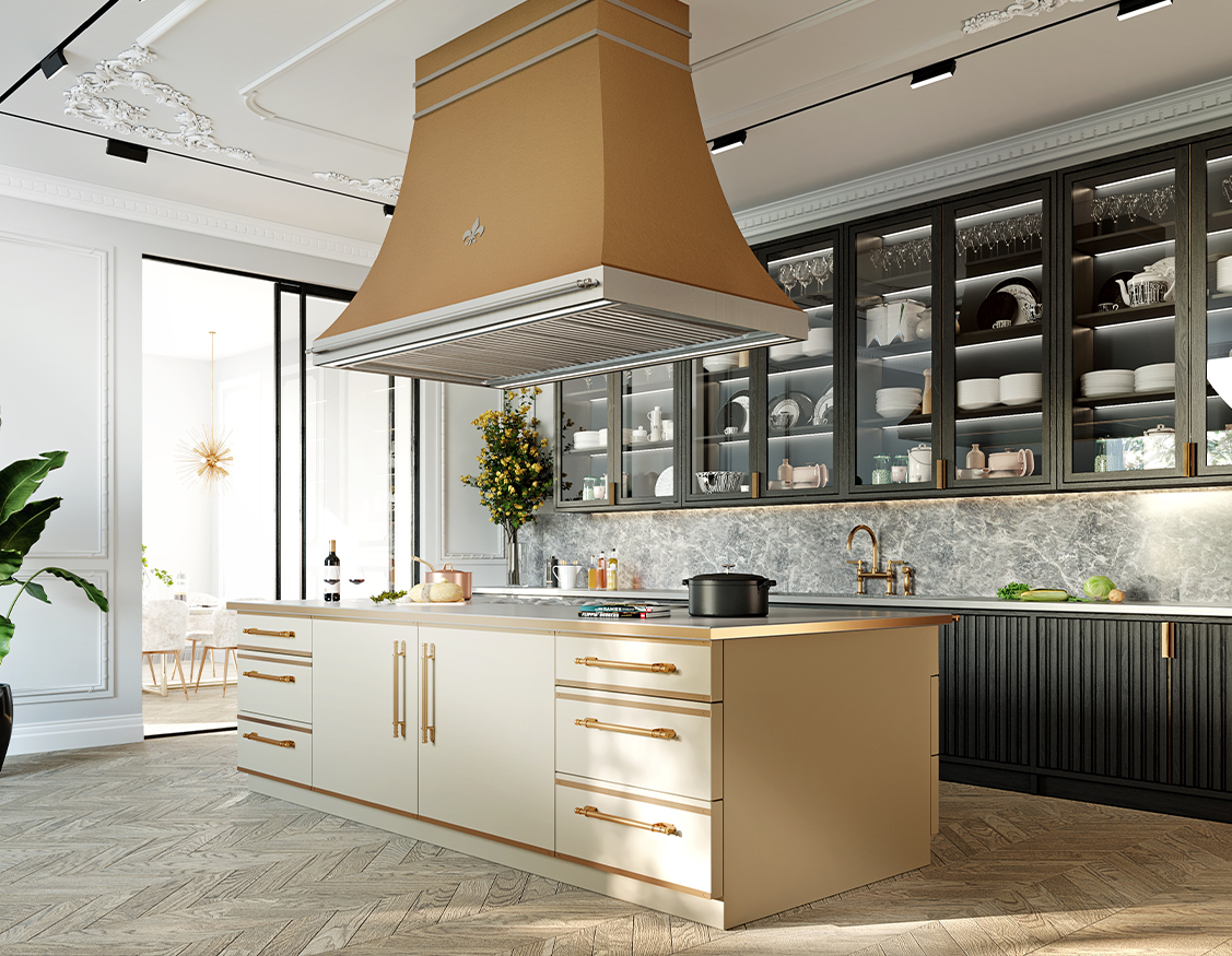 Off white custom kitchen cabinets in the middle of the kitchen with luxury kitchen ranges with golden kitchen hood