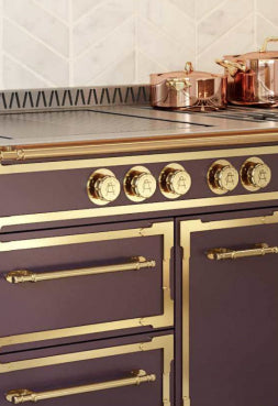 Matt Wine Berry Color Kitchen Cabinets With Golden Handles & Golden Burners