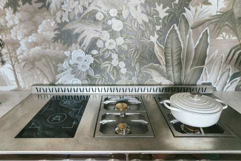 Luxury gas range with printed green wall