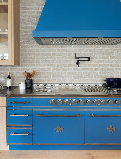 Dark Blue Custom Kitchen Hoods above Dark Blue & Silver French Kitchen Cabinets