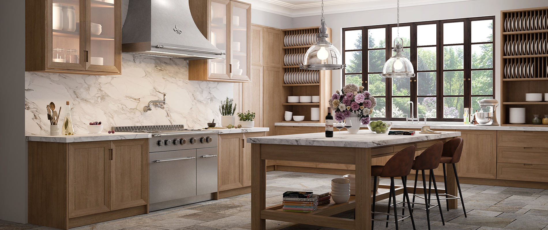 Marble Tabletop with Wooden Legs In the middle of the Kitchen. Wooden Wall and Base Cabinets with Silver Stove and a Hood