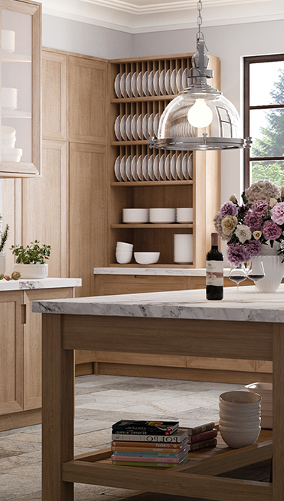 Marble Tabletop with Wooden Legs In the middle of the Kitchen. Wooden Wall and Base Cabinets with Silver Stove and a Hood