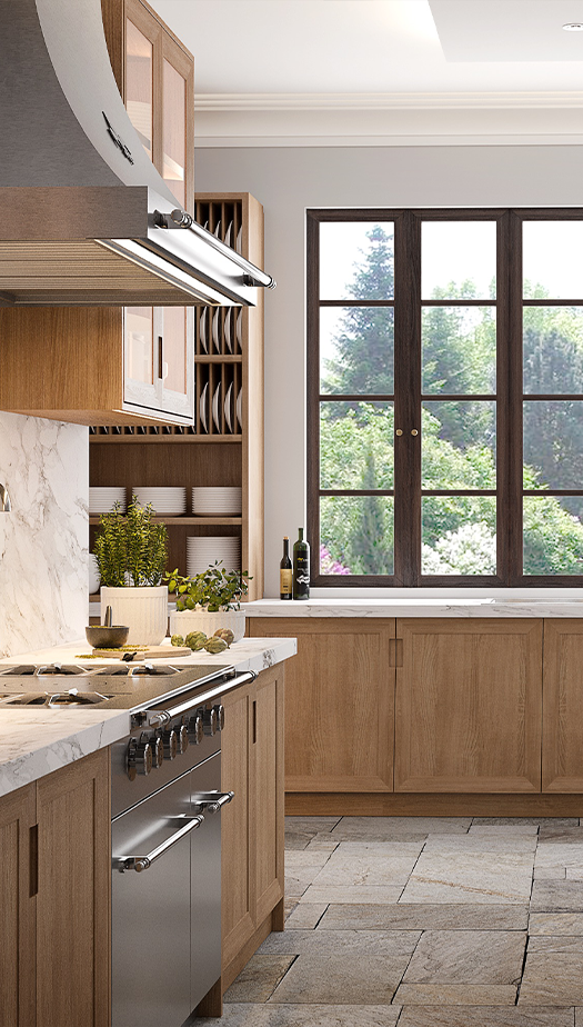 A serene and elegant kitchen showcasing a seamless blend of natural wood, marble, and stainless steel. The image captures a professional-grade range beneath a modern range hood, surrounded by light oak cabinets and luxurious white marble surfaces. A prominent window offers a picturesque view of a vibrant garden, contributing to the kitchen's inviting atmosphere.