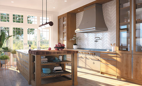 Wooden kitchen ranges with wooden in-built cupboards and silver hood