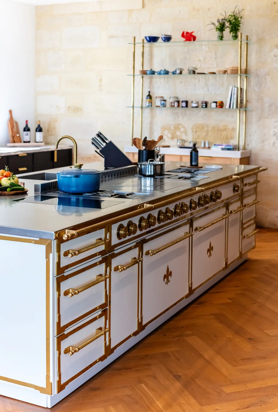 Close-up of a custom French range's cast iron and steel construction detail