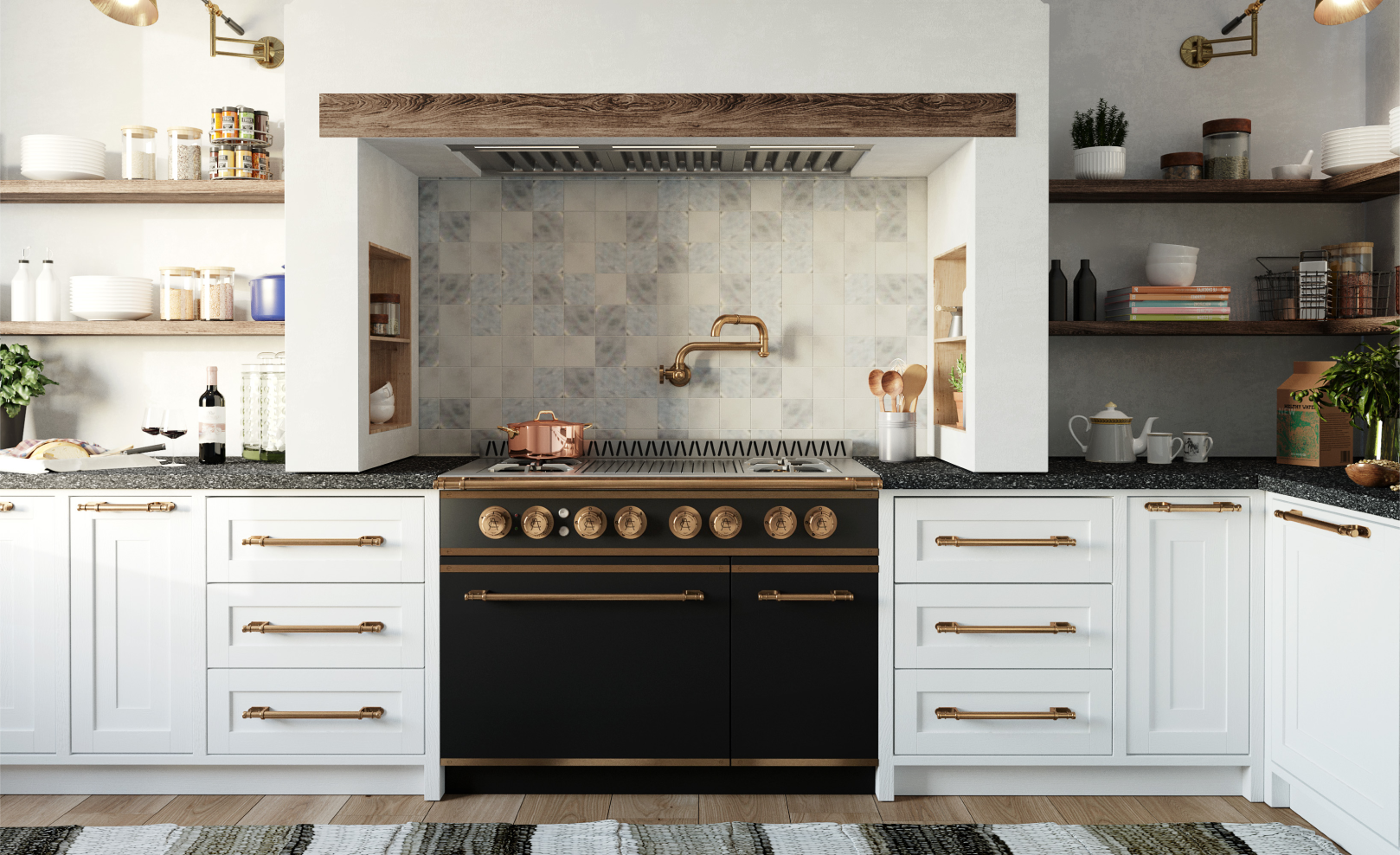 Traditional kitchen featuring a black and brass La Cornue or similar luxury range set in an alcove with a rough-hewn wooden beam header, flanked by white shaker cabinets with copper or brass hardware, and an upper wall area with open wood shelving and a grey patterned tile backsplash.