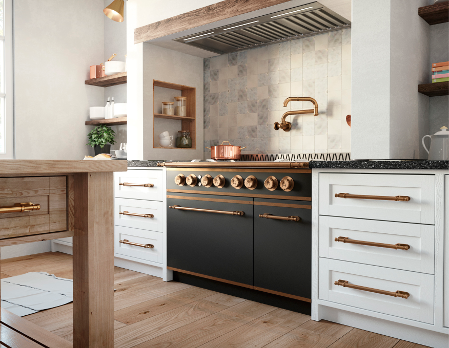 Close-up of a black luxury range with brass accents and hardware, flanked by white shaker cabinets with copper or brass pulls, an integrated brass pot filler faucet, and a light grey patterned tile backsplash under a rustic wooden beam.