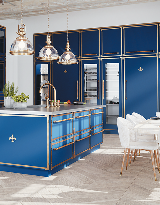 A stunning, custom blue professional range with a stainless steel cooktop and brass accents, paired with a large, dramatic matching blue range hood. The range is set against a luxurious white marble slab backsplash and a thin mosaic trim, with a brass pot filler faucet above the burners.