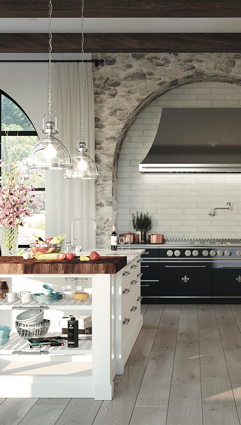 Transitional French kitchen design blending classic heritage with modern lines
