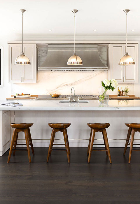White Base Kitchen Cabinets With Wooden Stools, White Wall Cabinets, Black Windows, Wooden flooring