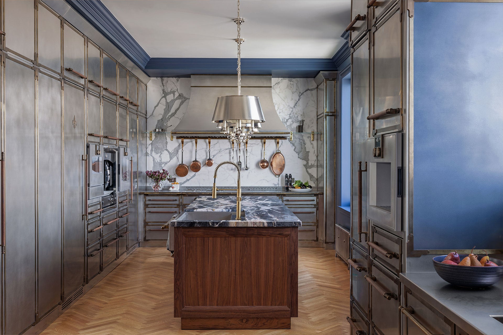 Silver and Blue Kitchen island and cabinets