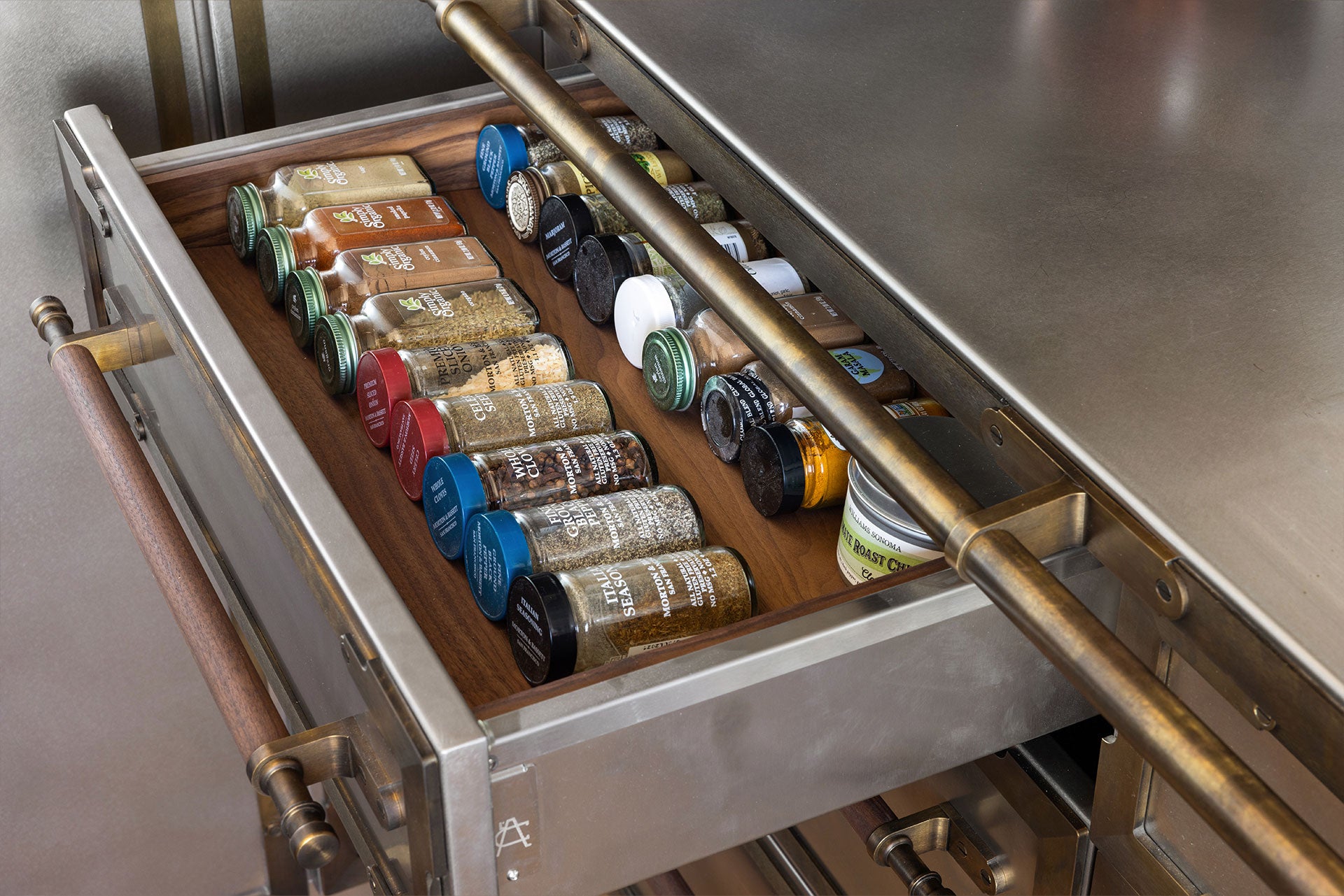  Silver Ingredient storage drawer with ingredient bottles and wooden handle