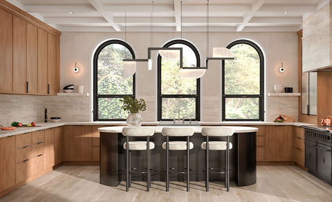 Wooden Kitchen Cabinets With Black Kitchen Counter in the middle