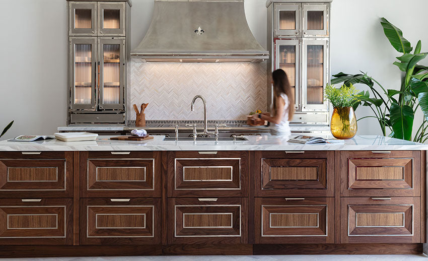 Wooden Kitchen Cabinets below Marble Kitchen Countertops, Gray Custom Kitchen Hood and Cupboards