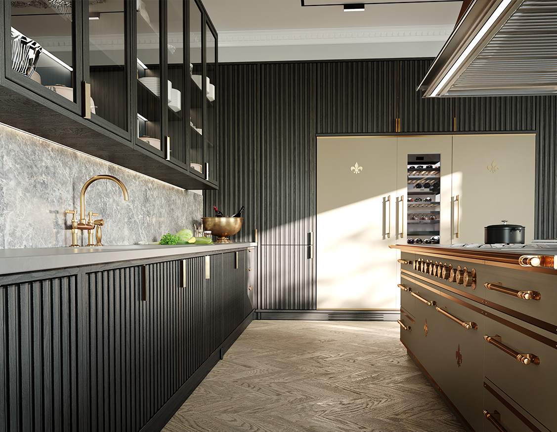 Luxury kitchen interior showcasing a long kitchen island with an integrated La Cornue range in a light taupe/green color with brass hardware, facing dark fluted base cabinets, a grey marble backsplash, and a light beige refrigerator/wine column with a Fleur de Lis accent.