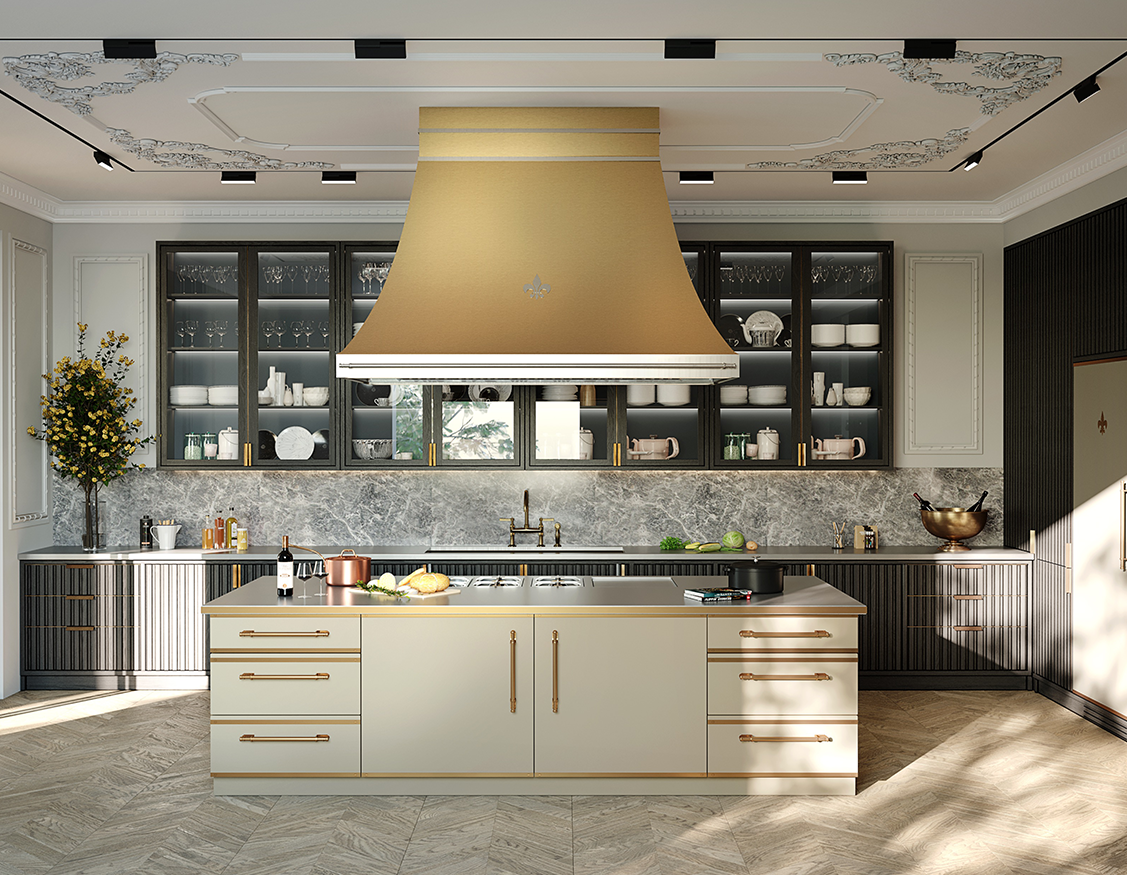 Off White Base Custom Kitchen Cabinets With Golden Custom Hood