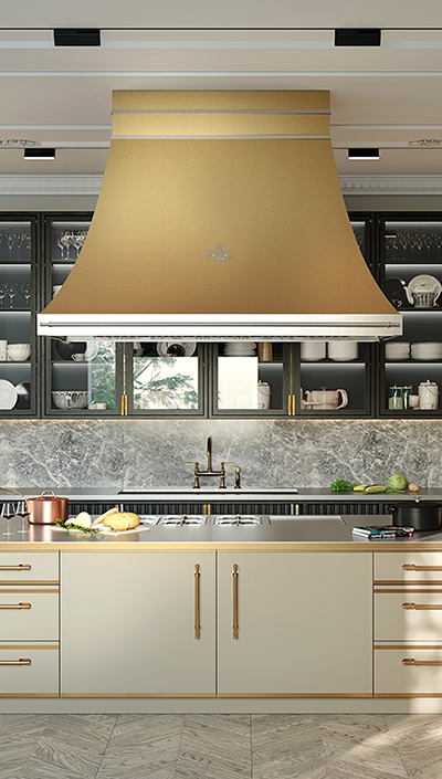 Off White Base Custom Kitchen Cabinets With Golden Custom Hood