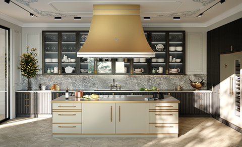 Silver kitchen counter with Off white kitchen base cabinet with French cooking range above in the middle of the kitchen. A long black kitchen cabinet inside the wall with glass door