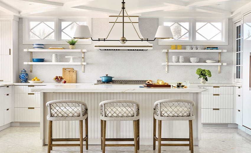 White Custom Kitchen Ranges With White Chair With Wooden Legs and White Windows