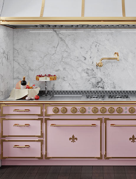 Pink & Golden Color Kitchen Cabinets With Off White and Golden Kitchen Exhaust Hood