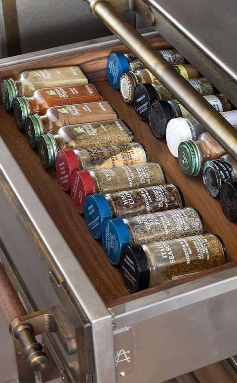 Silver Ingredient storage drawer with ingredient bottles and wooden handle