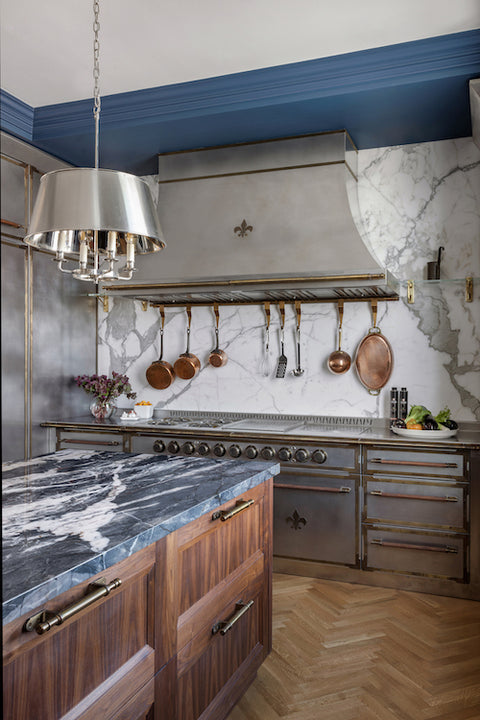 Marble countertop and wooden base cabinet with drawers