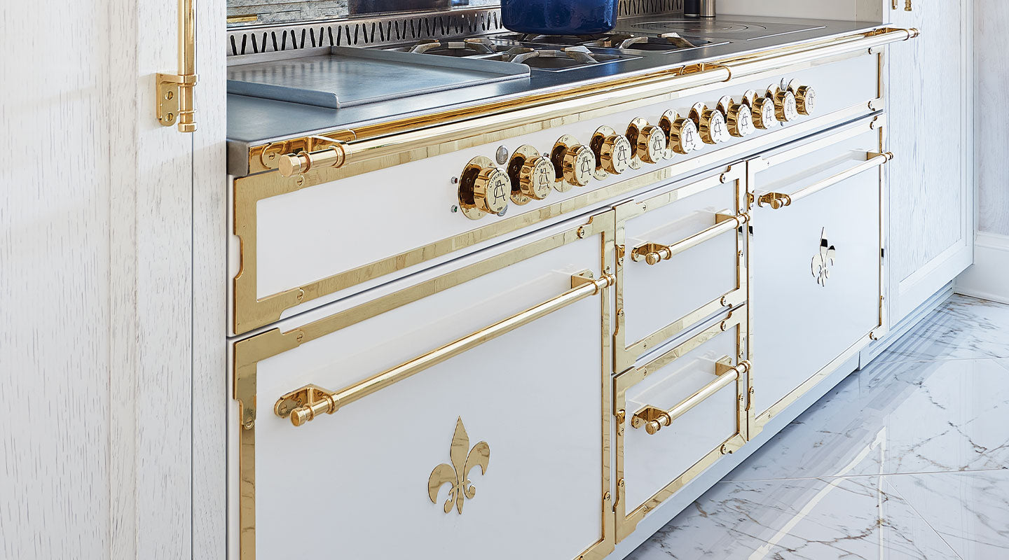 White and Golden French Kitchen Ranges With Cabinets