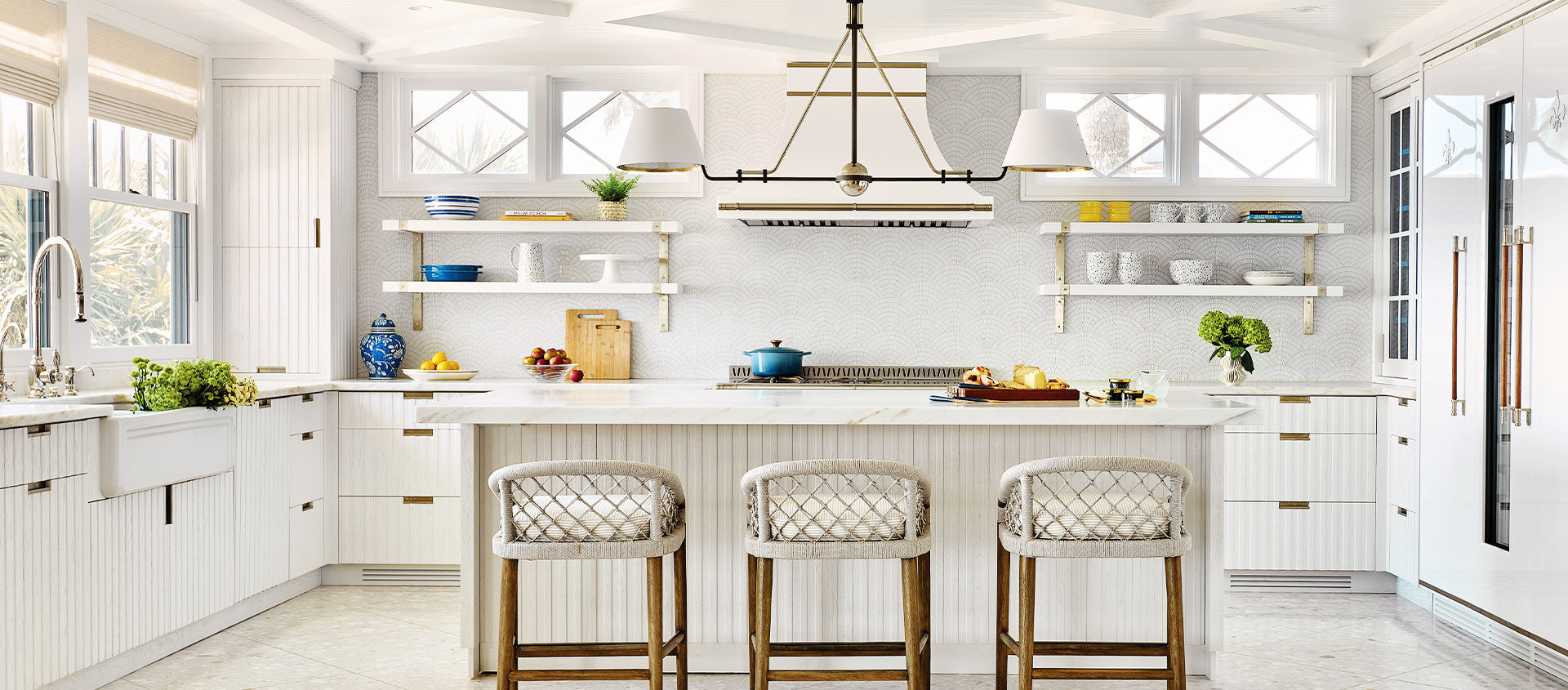 French design kitchens with White cabinets, drawers, hood and chairs