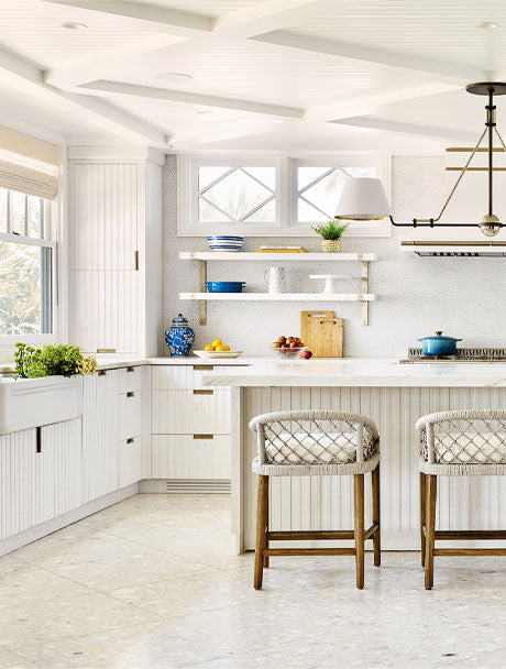 French design kitchens with White cabinets, drawers, hood and chairs