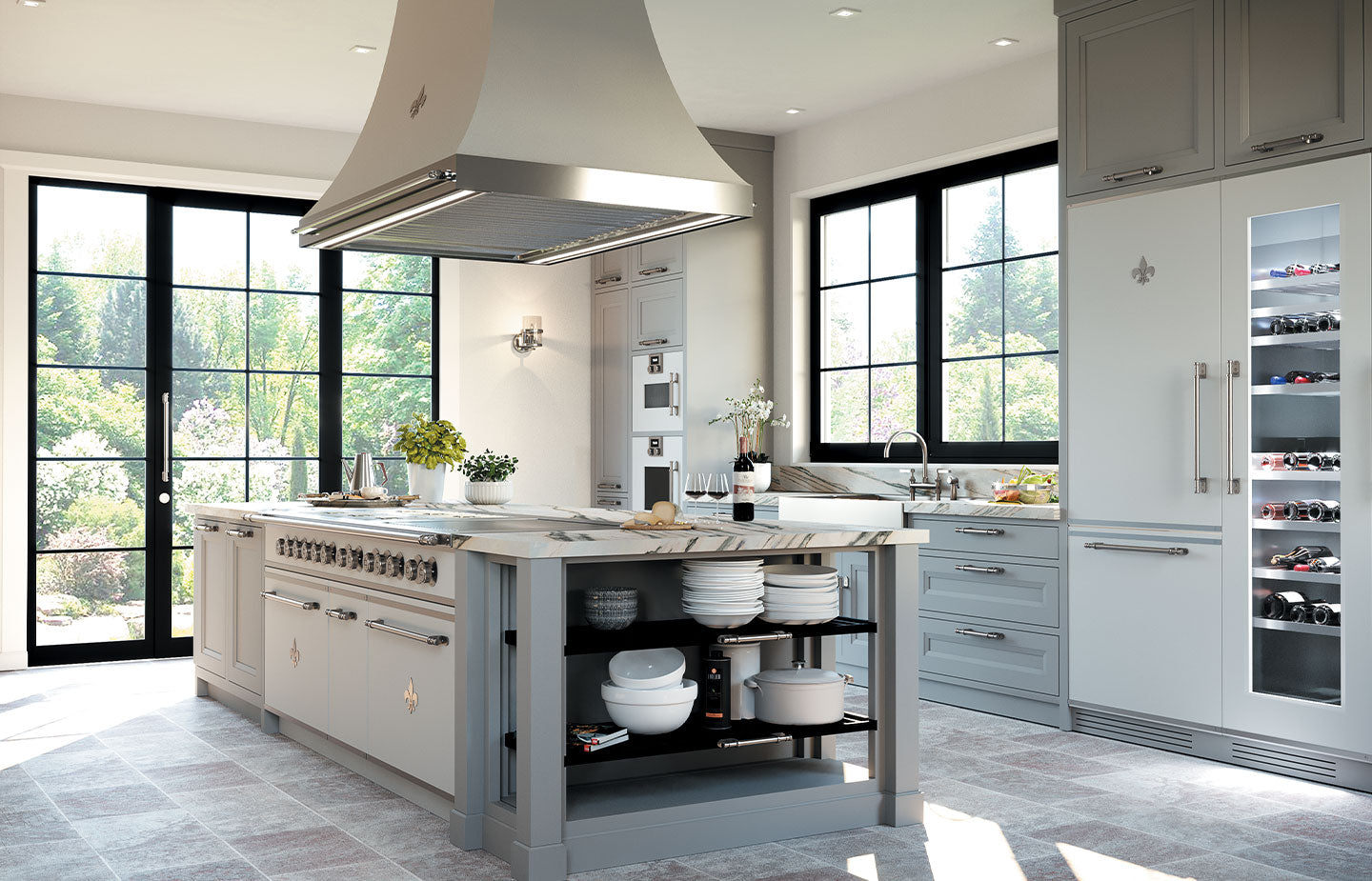 Luxury French kitchen range with brass accents in a custom-designed kitchen by L’Atelier Paris