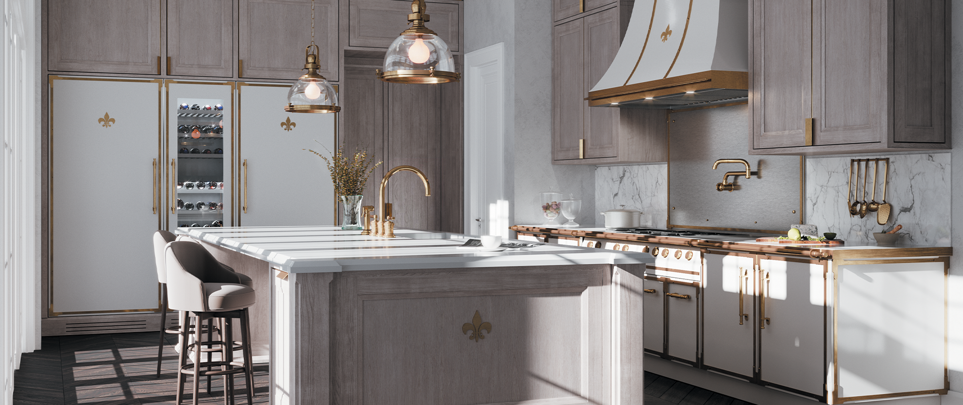 A luxurious, transitional kitchen featuring light gray wood cabinetry with gold hardware and a dominant white and brass professional range and hood, both adorned with a fleur-de-lis emblem. The kitchen island has a white countertop, a gold faucet, and two velvet bar stools, next to integrated appliances including a wine refrigerator and paneled refrigerator.