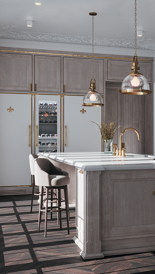A luxurious, transitional kitchen featuring light gray wood cabinetry with gold hardware and a dominant white and brass professional range and hood, both adorned with a fleur-de-lis emblem. The kitchen island has a white countertop, a gold faucet, and two velvet bar stools, next to integrated appliances including a wine refrigerator and paneled refrigerator.