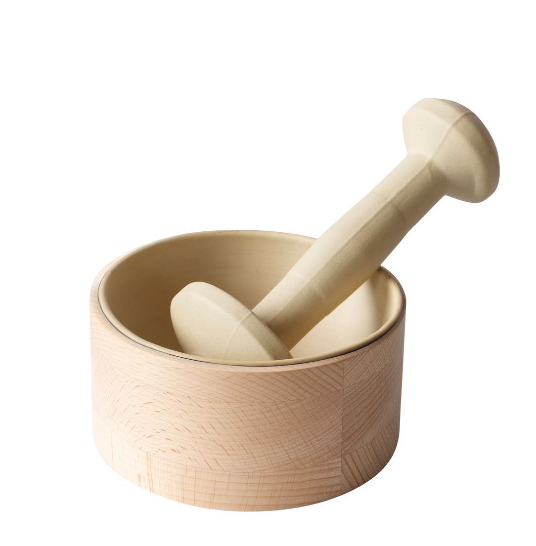 Mortar and pestle with wooden base